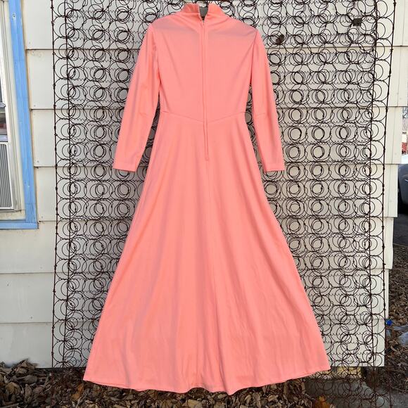 Vintage 60s Peach Coral Polyester A Line Long Sleeve Maxi Dress - Picture 5 of 9